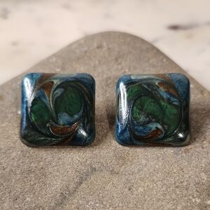 Vintage | Handmade Brass Square Blue and Green Swirl Earrings